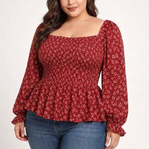 SHEIN Red Floral Smocked Peplum Long Sleeve Top
